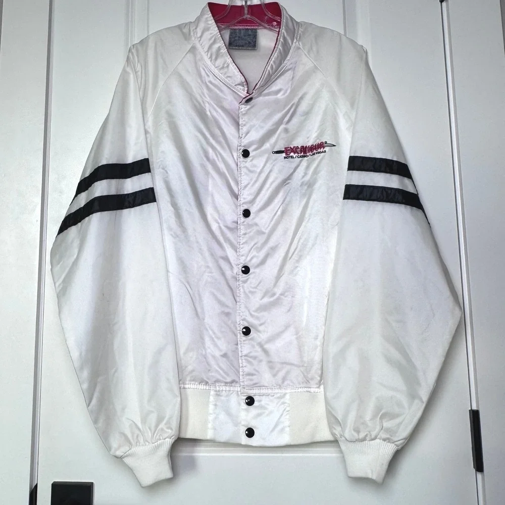 Vintage Excalibur Hotel Casino Las Vegas White Satin Bomber Jacket Mens Large